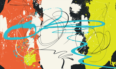 bright paint strokes, Colorful painterly splashes yellow, orange, black and white layered with dripping streaks, bold scribbles and chipped paint details, creating an graffiti inspired grunge, Tees