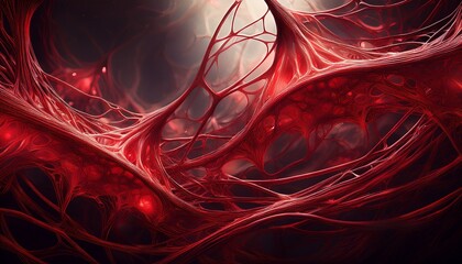 a captivating and enigmatic abstract image featuring a tangled web like network of organic blood red structures against a dark atmospheric backdrop