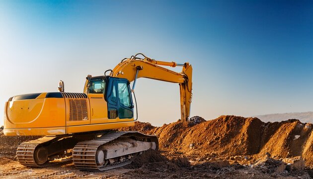 a banner image of an excavator vivid image of a yellow excavator amid earthworks under a clear sky