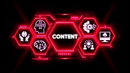 Neon Hexagon Network With Content And AI Icons Keywords: technology, network, artificial