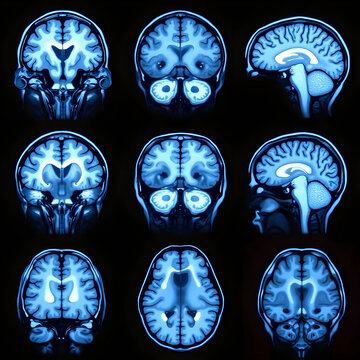 Set of human brain MRI scans showing different sections and angles in blue light