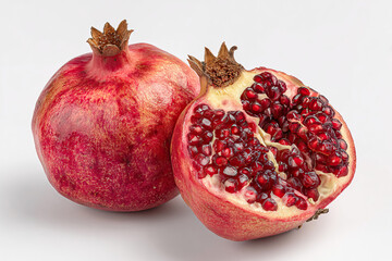 Whole pomegranate with open half showing ruby seeds on transparent background