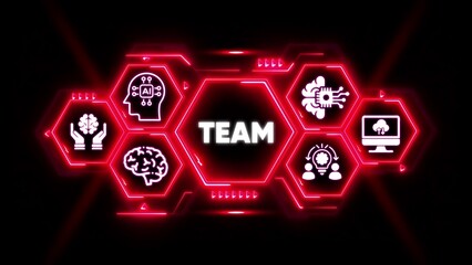 Neon Hexagon Network With Team And AI Icons Keywords: technology, network, artificial