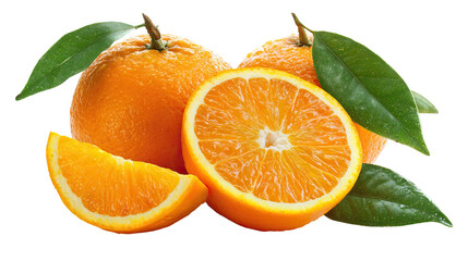 Whole and halved fresh oranges with leaves on transparent background