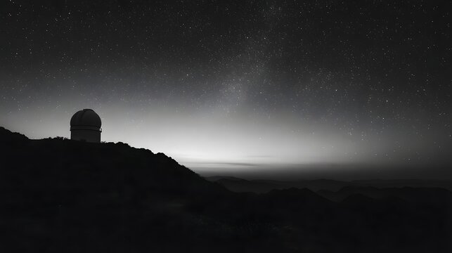 A remote observatory dome stands silhouetted against a starry night sky with a bright horizon suggesting twilight