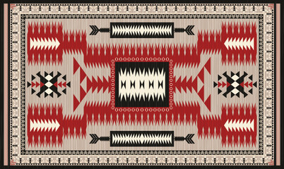 Navajo storm pattern rug style vector.Sacred mountain symbolism with central rectangular motif connecting four corners.Representing weather,lightning.Carpet southwestern tribal geometric illustration.