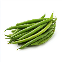 A close up shot displaying a pile of fresh green beans on a plain white surface in a studio setting