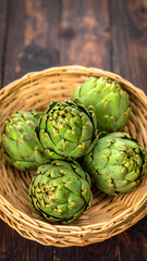 Fototapeta premium Organic Globe Artichokes in Natural Bowl Rustic Background 