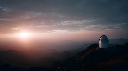 A serene observatory dome on a mountain peak overlooks a misty valley at sunset bathed in warm diffused light