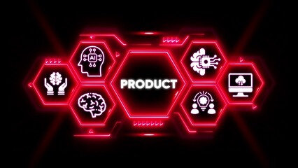 Product concept with AI and technology icons in neon hexagons Keywords: Product, business