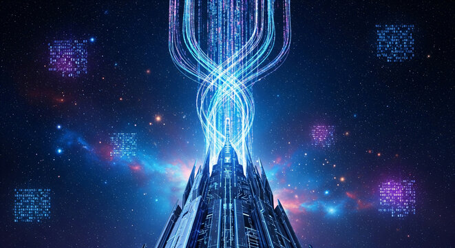 Futuristic digital tower erupts with glowing data streams against a cosmic nebula backdrop, symbolizing innovation and AI