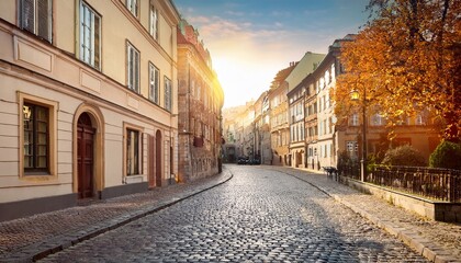 historic european city with cobblestone streets