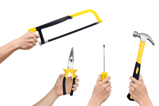 Hands Holding Different Tools on Transparent Background PNG