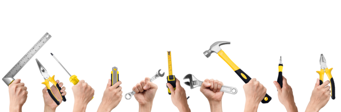 Hands Holding Various Construction Tools on Transparent Background PNG - Powered by Adobe