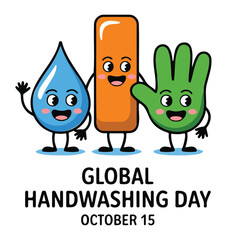 Cute cartoon handwashing characters water drop soap and hand vector illustration for hygiene and health awa