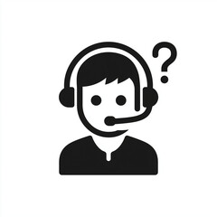 Illustration of a person wearing a headset with a question mark next to their head in black and white