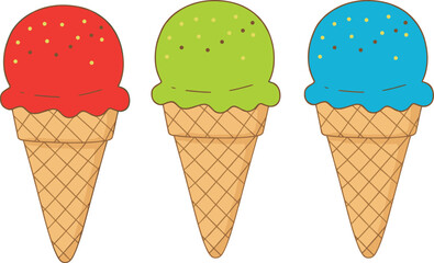 Colorful ice cream cones with sprinkles, summer dessert treat, waffle cone trio, vibrant scoops, playful food illustration, isolated white background