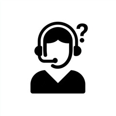 Icon of a customer service representative with a headset and a question mark above their head in black