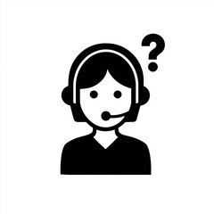 Icon of a support operator with a headset and a question mark above her head in black and white design