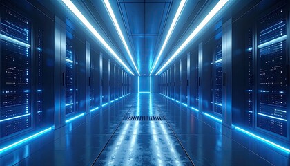 Futuristic blue illuminated server room corridor with glowing lights and reflective floor technology data center abstract background