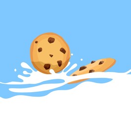 cookies and milk splash cute breakfast cartoon style illustration