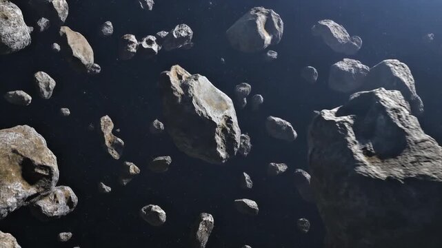 An asteroid field spans across a backdrop of deep blue and purpletinted nebula