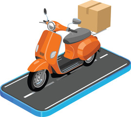 Obraz premium Fast Food and Parcel Delivery Service, Isometric Vector Scooter Illustration for Online Shopping and Express Logistics, Quick Urban Transport Graphic Design
