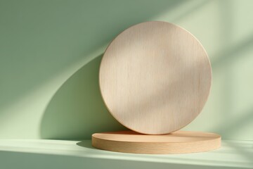 Wooden Podium. Empty Round Natural Form. One Wood Pedestal for Showing Product, Eco Organic Cosmetic, Jewelry. Trendy Minimal Style Mock Up Presentation. Green Background with light and shadows.