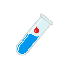 Blood sample in test tube shows a single red drop falling into blue liquid for medical analysis in laboratory, indicating potential diagnosis.