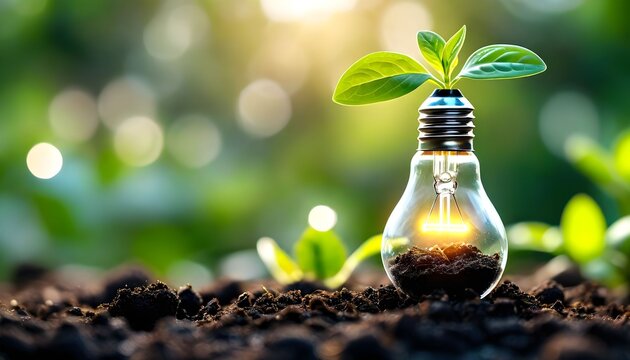 A young plant sprouts from the soil inside a glowing light bulb, symbolizing new ideas and sustainable energy.