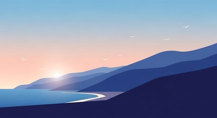 Serene Coastal Sunrise Over Blue Mountains and Ocean.