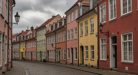 Charming view of a historic street lined with colorful, traditional buildings under a cloudy sky, evoking classic urban heritage ,historic details ,charming street ,historic district