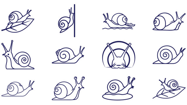 Snail Line Art Stroke Icons In Varied Poses, Spiral Shell Outline Vector Set For Garden, Nature And Education