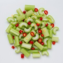 Chopped fresh celery stalks combined with vibrant, fiery red chilli pieces. A fusion ingredient mix balancing cool vegetable crunch with intense heat ,aroma ,food ,red