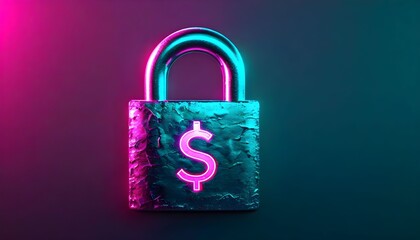 A neon-lit padlock with a glowing dollar sign, symbolizing financial security and digital protection in a vibrant, dark setting.