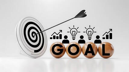 Arrow hits bullseye on target with wooden 'goal' blocks and icons