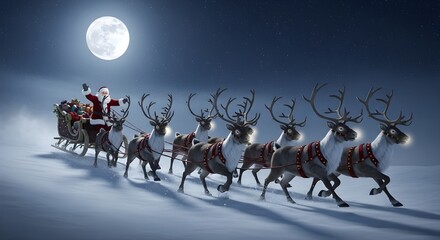 A photorealistic image of Santa Claus in his red and white fur-trimmed suit, flying a sleigh pulled by eight powerful reindeer through a crisp, starry winter night sky. The sleigh is overflowing with 