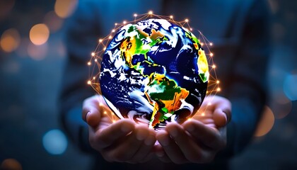 Fototapeta premium A person holding a glowing Earth globe in their hands.