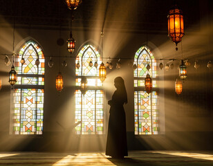 A backlit silhouette of a Muslim woman standing in prayer inside a beautifully lit mosque, with sunbeams or "golden hour" light dramatically piercing colorful arched stained glass windows.