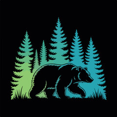 Black bear silhouette vector drawing on a tree in the wild forest nature illustration