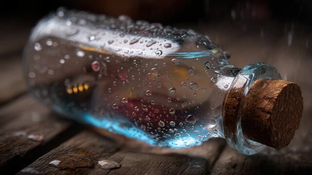 Clear glass bottle with cork stopper rests on rustic wood surface, captivating droplets cling to the glass in a mesmerizing display of freshness