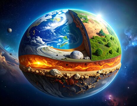 Cross-section of Earth, revealing layers, with outer space and small planetoids visible