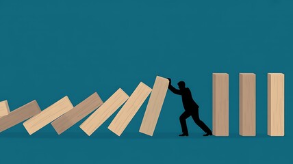 Silhouette businessman preventing domino effect by holding falling blocks