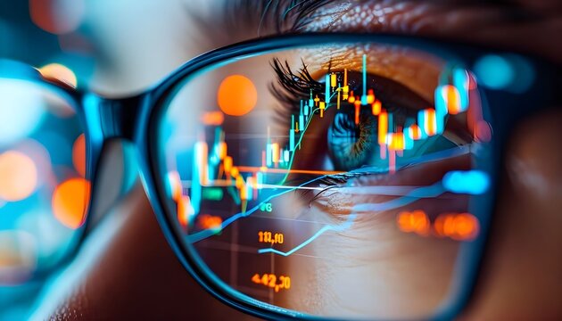 Close-up of an eye behind eyeglasses reflecting a vibrant financial stock market chart with data visualization.