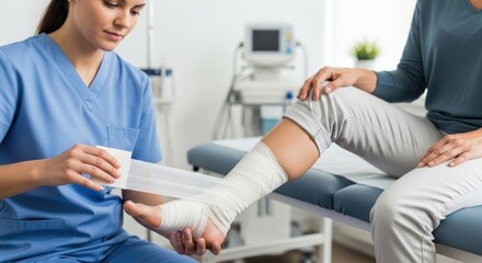 Obraz premium Nurse Carefully Wrapping Patient's Ankle with Bandage in Clinic Setting