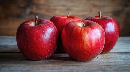 Four red apples on rustic wood