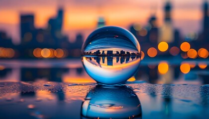 A crystal ball reflects a city skyline at sunset, creating a unique perspective on urban landscapes.