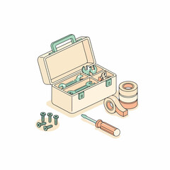Isometric illustration of a repair toolkit and supplies