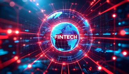 Fintech technology concept with globe and red lines.