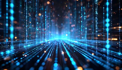 Abstract futuristic background of glowing blue data streams moving through a digital space.
